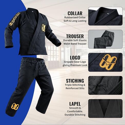 زي GRAPPLE GEAR BJJ Gi Kimono Jiu Jitsu للأطفال - 350 جرام في المتر المربع BJJ Gi المنكمش مسبقًا باللون الأبيض والأسود والأزرق وخيارات 4 مقاسات in Kuwait