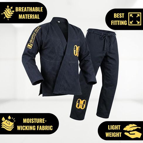 زي GRAPPLE GEAR BJJ Gi Kimono Jiu Jitsu للأطفال - 350 جرام في المتر المربع BJJ Gi المنكمش مسبقًا باللون الأبيض والأسود والأزرق وخيارات 4 مقاسات in Kuwait