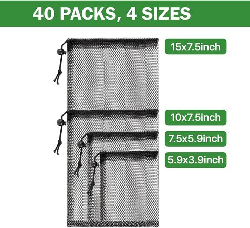 40 Pcs Mesh Drawstring Bags Assorted Sizes Black Mesh Bags, Portable Nylon Storage Bags for Travel Toys, Laundry, Gym & Small Items (4x6, 6x8, 8x10, 8x15) in Saudi Arabia