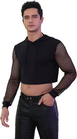 Men's Fishnet Mesh Long Sleeve Drawstring Crop Hoodie Sweatshirt Pullover in Saudi Arabia