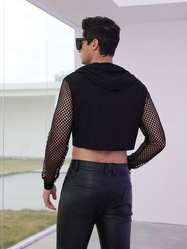 Men's Fishnet Mesh Long Sleeve Drawstring Crop Hoodie Sweatshirt Pullover in Saudi Arabia