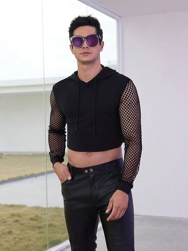 Men's Fishnet Mesh Long Sleeve Drawstring Crop Hoodie Sweatshirt Pullover in Saudi Arabia