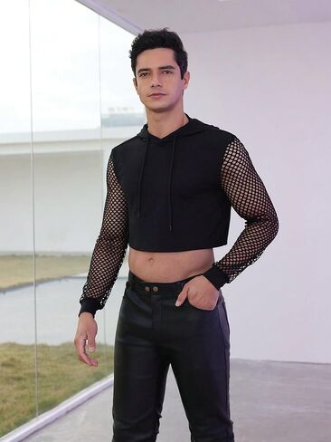 Men's Fishnet Mesh Long Sleeve Drawstring Crop Hoodie Sweatshirt Pullover in Saudi Arabia