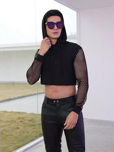 Men's Fishnet Mesh Long Sleeve Drawstring Crop Hoodie Sweatshirt Pullover in Saudi Arabia