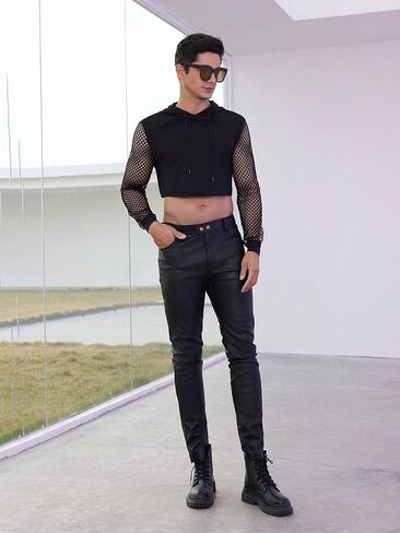 Men's Fishnet Mesh Long Sleeve Drawstring Crop Hoodie Sweatshirt Pullover in Saudi Arabia