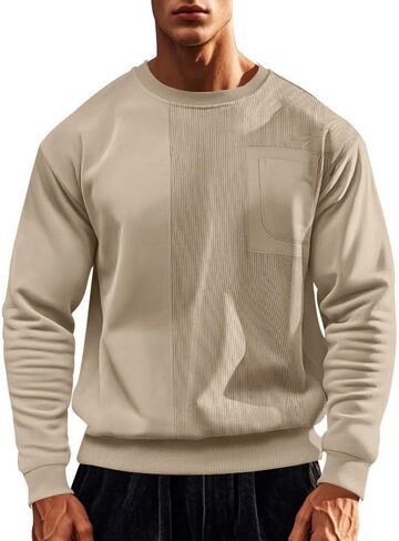 Men’s Crewneck Sweatshirt, With Textured Rib Knit Panel & Chest Pocket, Casual Pullover Top, for All Seasons Wear in Saudi Arabia