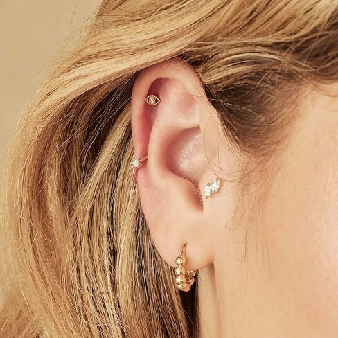 14K Real Solid Gold Beaded Hoop Earrings – Minimalist Cartilage, Daith, Helix, Tragus, Conch, Rook, Snug Huggie Hinge Hoop Ear Ring Piercing Jewelry, 14K Gold Jewelry - Sold as Pair in Saudi Arabia