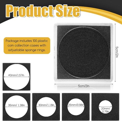 100 Pcs Acrylic Coin Collection Cases with 5 Sizes Adjustable Black Gaskets, 20mm-40mm Coin Capsules Coin Snap Holders Silver Dollar Protection Cases for Coin Collection Supplies in Saudi Arabia
