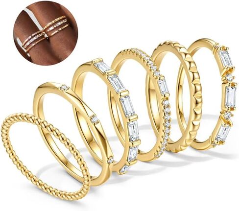 FIBO STEEL Gold Rings for Women Non Tarnish Dainty Stackable Ring Set Hypoallergenic Cubic Zirconia Wedding Band Promise Bands for Her Women's Jewelry Size 5-10 in Saudi Arabia