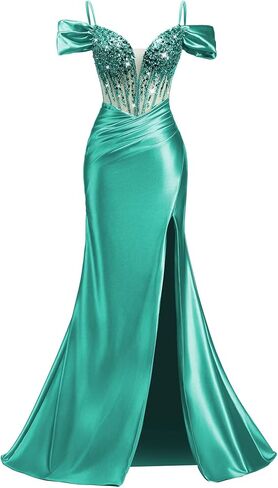 Beaded Satin Prom Dresses for Women 2026 Long Mermaid Corset Ruched Spaghetti Strap Formal Evening Gowns with Slit in Saudi Arabia
