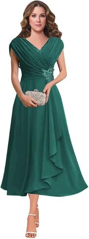 Women's V Neck Beading Mother of The Bride Dresses for Wedding Lace Appliques Tea Length Pleated Formal Evening Gown in Saudi Arabia