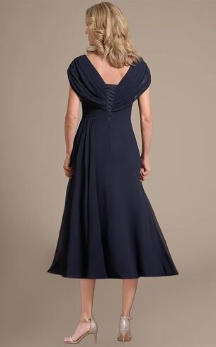 Women's V Neck Beading Mother of The Bride Dresses for Wedding Lace Appliques Tea Length Pleated Formal Evening Gown in Saudi Arabia