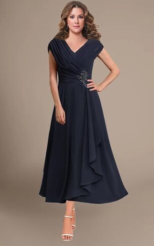 Women's V Neck Beading Mother of The Bride Dresses for Wedding Lace Appliques Tea Length Pleated Formal Evening Gown in Saudi Arabia