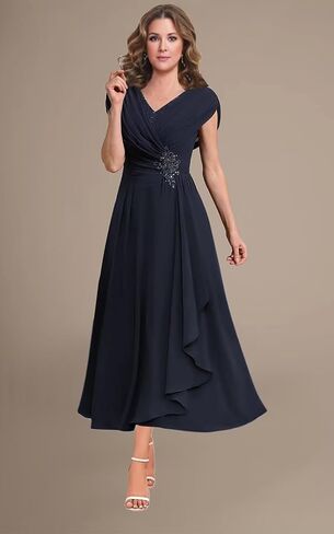 Women's V Neck Beading Mother of The Bride Dresses for Wedding Lace Appliques Tea Length Pleated Formal Evening Gown in Saudi Arabia