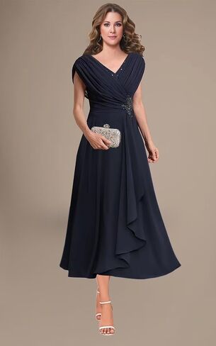 Women's V Neck Beading Mother of The Bride Dresses for Wedding Lace Appliques Tea Length Pleated Formal Evening Gown in Saudi Arabia