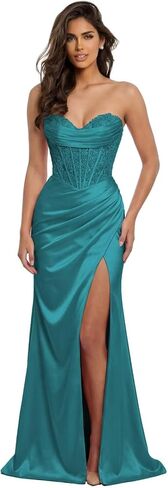 Strapless Mermaid Prom Dress Ball Gown Lace Appliques Pleated Corset Satin Formal Evening Dress with Slit in Kuwait