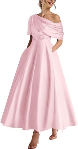 فساتين أم العروس من الساتان بطول الشاي للنساء بكتف واحد، فستان سهرة رسمي مع جيب لضيوف الزفاف in Kuwait