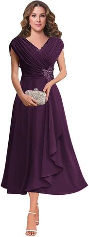 Women's V Neck Beading Mother of The Bride Dresses for Wedding Lace Appliques Tea Length Pleated Formal Evening Gown in Saudi Arabia