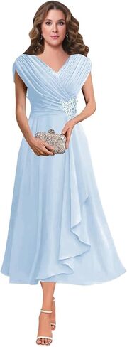 Women's V Neck Beading Mother of The Bride Dresses for Wedding Lace Appliques Tea Length Pleated Formal Evening Gown in Saudi Arabia