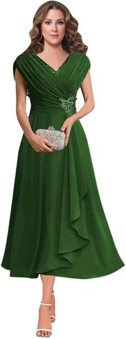 Women's V Neck Beading Mother of The Bride Dresses for Wedding Lace Appliques Tea Length Pleated Formal Evening Gown in Saudi Arabia