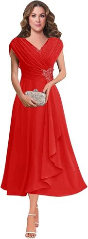 Women's V Neck Beading Mother of The Bride Dresses for Wedding Lace Appliques Tea Length Pleated Formal Evening Gown in Saudi Arabia