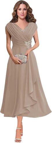 Women's V Neck Beading Mother of The Bride Dresses for Wedding Lace Appliques Tea Length Pleated Formal Evening Gown in Saudi Arabia