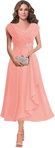 Women's V Neck Beading Mother of The Bride Dresses for Wedding Lace Appliques Tea Length Pleated Formal Evening Gown in Saudi Arabia