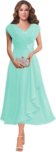 Women's V Neck Beading Mother of The Bride Dresses for Wedding Lace Appliques Tea Length Pleated Formal Evening Gown in Saudi Arabia