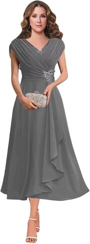Women's V Neck Beading Mother of The Bride Dresses for Wedding Lace Appliques Tea Length Pleated Formal Evening Gown in Saudi Arabia