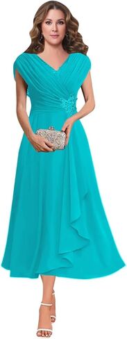 Women's V Neck Beading Mother of The Bride Dresses for Wedding Lace Appliques Tea Length Pleated Formal Evening Gown in Saudi Arabia