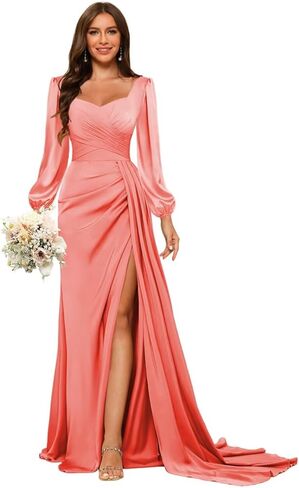 Stylefun حورية البحر فساتين حفلة موسيقية من الساتان مع فتحة فستان حفلة رسمية بأكمام طويلة STN020 in Kuwait