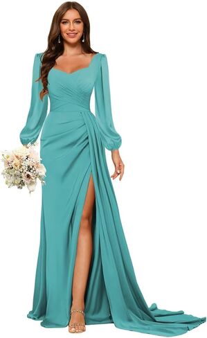 Stylefun Mermaid Satin Prom Dresses with Slit Long Sleeve Formal Party Dress STN020 in Saudi Arabia