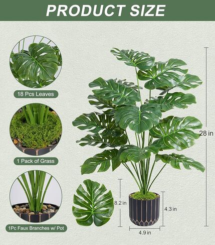 نبات Monstera الاصطناعي بطول 28 سم، نباتات صناعية صناعية داخلية وخارجية، شجرة لغرفة المعيشة، ديكور المنزل in Kuwait