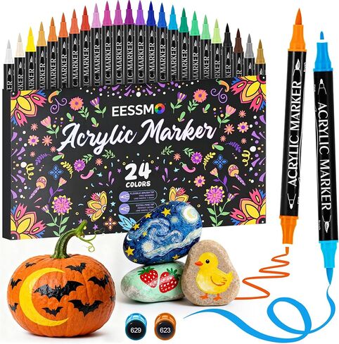 24 لونًا من أقلام طلاء الأكريليك ذات الرأس المزدوج، أقلام طلاء أكريليك مع طرف رفيع ورأس فرشاة للرسم الصخري، الخشب، البلاستيك، الزجاج، القماش، القماش، اليقطين، الحرف اليدوية لصناعة اللوازم الفنية in Kuwait