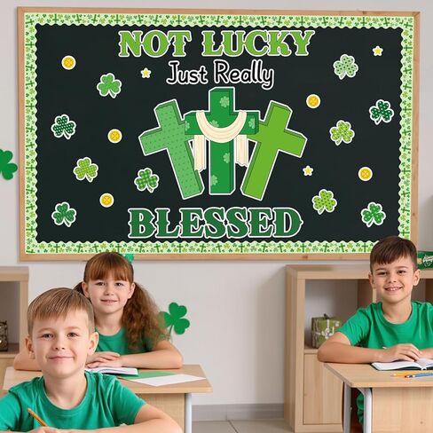 St. Patrick’s Day Christian Bulletin Board Decoration Set St. Patrick's Day Shamrock Clover Cutouts Religious Jesus Cross Bulletin Board for Church Home Classroom School Chalkboard Wall Decor in Saudi Arabia