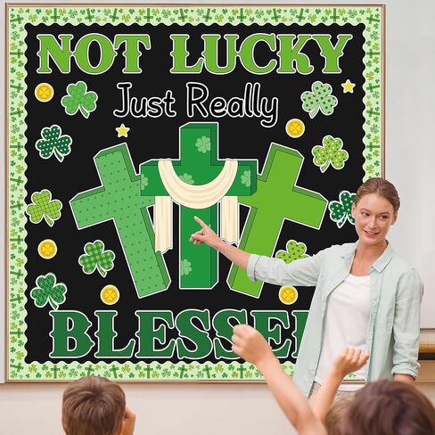 St. Patrick’s Day Christian Bulletin Board Decoration Set St. Patrick's Day Shamrock Clover Cutouts Religious Jesus Cross Bulletin Board for Church Home Classroom School Chalkboard Wall Decor in Saudi Arabia