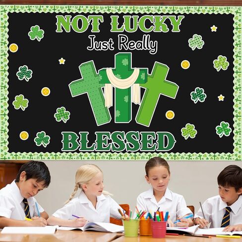 St. Patrick’s Day Christian Bulletin Board Decoration Set St. Patrick's Day Shamrock Clover Cutouts Religious Jesus Cross Bulletin Board for Church Home Classroom School Chalkboard Wall Decor in Saudi Arabia