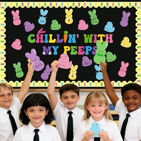 ديكورات لوحة إعلانات عيد الفصح، 54 قطعة من لوحة نشرات عيد الفصح، تشيلين مع My Peeps Bunny Chick قطع عيد الفصح، ديكورات اللمحات على حدود المدرسة والفصول الدراسية والمنزل والمكتب وديكور عيد الفصح الربيعي in Kuwait