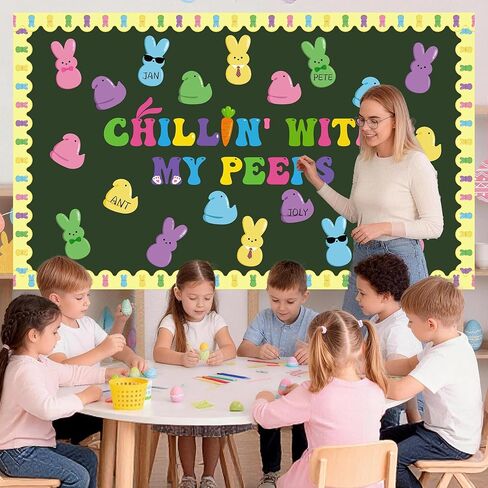 ديكورات لوحة إعلانات عيد الفصح، 54 قطعة من لوحة نشرات عيد الفصح، تشيلين مع My Peeps Bunny Chick قطع عيد الفصح، ديكورات اللمحات على حدود المدرسة والفصول الدراسية والمنزل والمكتب وديكور عيد الفصح الربيعي in Kuwait