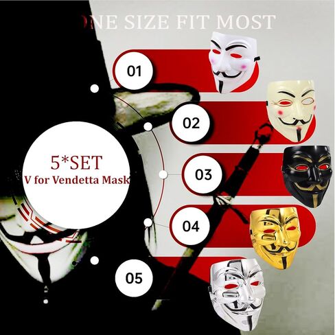 5 Pack of V for Vendetta Mask, Guy Fawkes Anonymous Hackers Mask for Cosplay, V for Vendetta Costume Theme Parties Halloween Collections Gifts, One Size Fits Most in Saudi Arabia