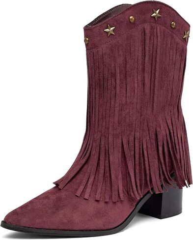 NEWBELLA Cowboy Fringe Wide Mid Calf Boots for Women- Western Cowgirl Boho Booties with Chunky Heels Retro Rivet Boots in Saudi Arabia