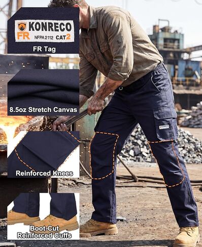 سروال KONRECO FR للرجال جيوب البضائع المفيدة بنطلون جينز نجار مقاوم للهب 8.5oz قابل للتمدد ناعم ومريح NFPA2112 CAT2 in Kuwait