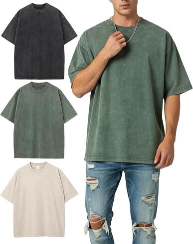 Men's Oversized Heavyweight Cotton T-Shirts, Unisex Acid Wash Thick Short Sleeve Tees Casual Baggy Crewneck Tops in Saudi Arabia