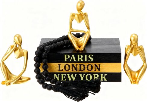 3 Pcs Decorative Books for Home Decor, Faux Books for Decoration, Resin Thinker Statue Abstract Art Sculptures, Rustic Farmhouse Beads Centerpiece for Room Office Shelf Desktop (Black Gold) in Saudi Arabia