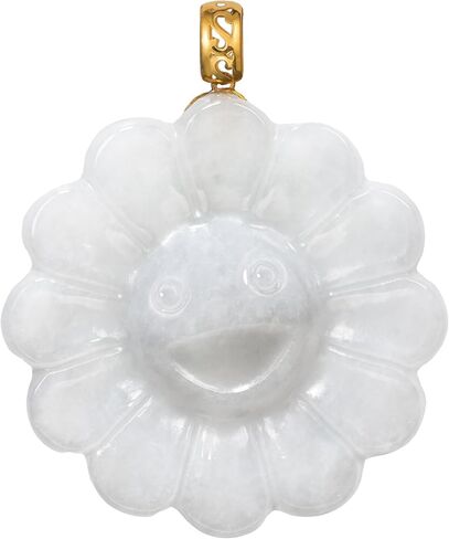 18K Solid Yellow Gold Natural Grade A Jadeite Smiling Flower Murakami Motif, Genuine Jade Pendant Necklace, Handcarved Jadeite, with Gift Box in Saudi Arabia