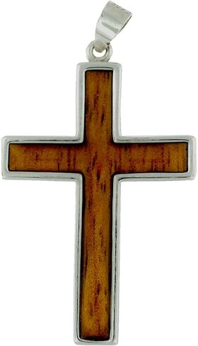 925 Solid Sterling Silver Hawaiian Koa Wood Inlay Religious Cross Pendant in Saudi Arabia