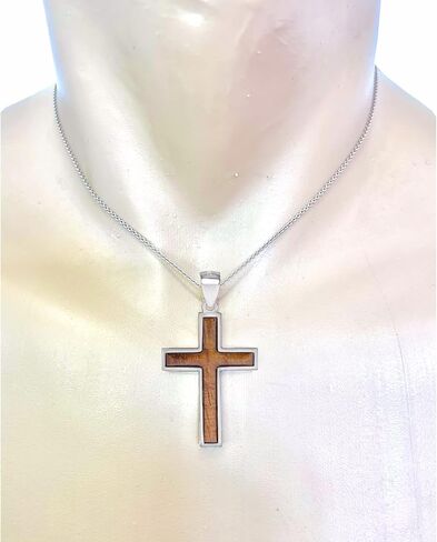 925 Solid Sterling Silver Hawaiian Koa Wood Inlay Religious Cross Pendant in Saudi Arabia