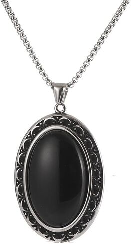 YWMAN Vintage Oval Pendant, Black Onyx Stone with Ornate Silver Frame, Gothic Victorian Jewelry in Saudi Arabia