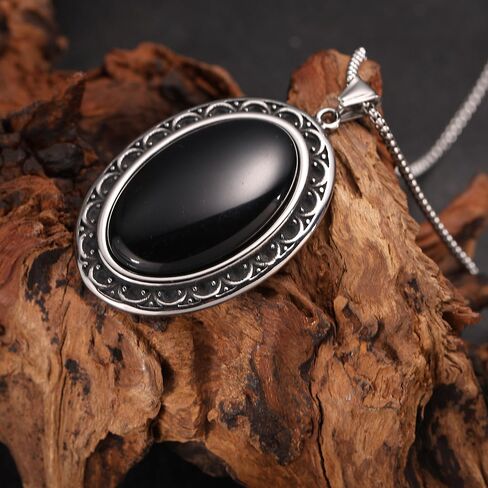 YWMAN Vintage Oval Pendant, Black Onyx Stone with Ornate Silver Frame, Gothic Victorian Jewelry in Saudi Arabia
