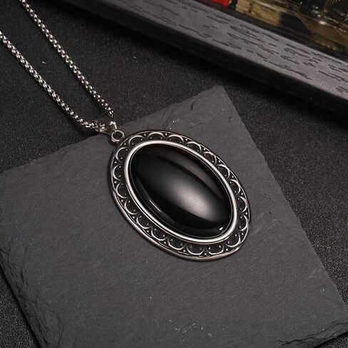 YWMAN Vintage Oval Pendant, Black Onyx Stone with Ornate Silver Frame, Gothic Victorian Jewelry in Saudi Arabia